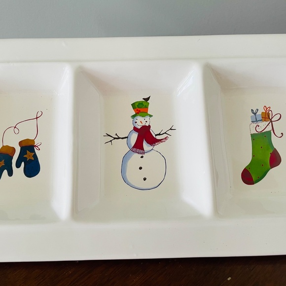 White ceramic divided serving tray with hand-painted Christmas designs - Picture 3 of 5